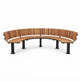 A curved outdoor bench with a warm brown wooden slatted seat and backrest, supported by four black metal legs, shown on a plain white background.
