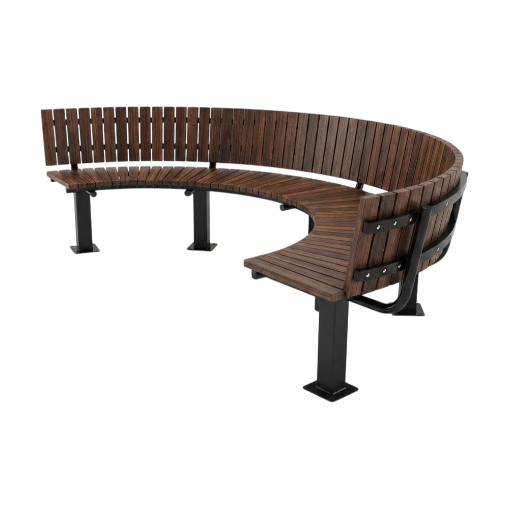A curved outdoor bench with dark brown wooden slats and black metal legs, shown on a plain white background.