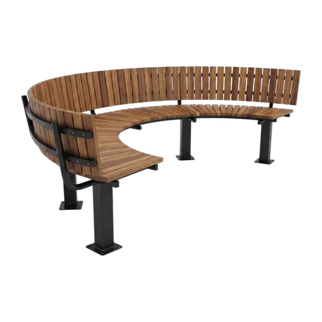 A curved outdoor bench with brown wooden slatted seating and backrest, supported by black metal posts and brackets, shown on a plain white background.