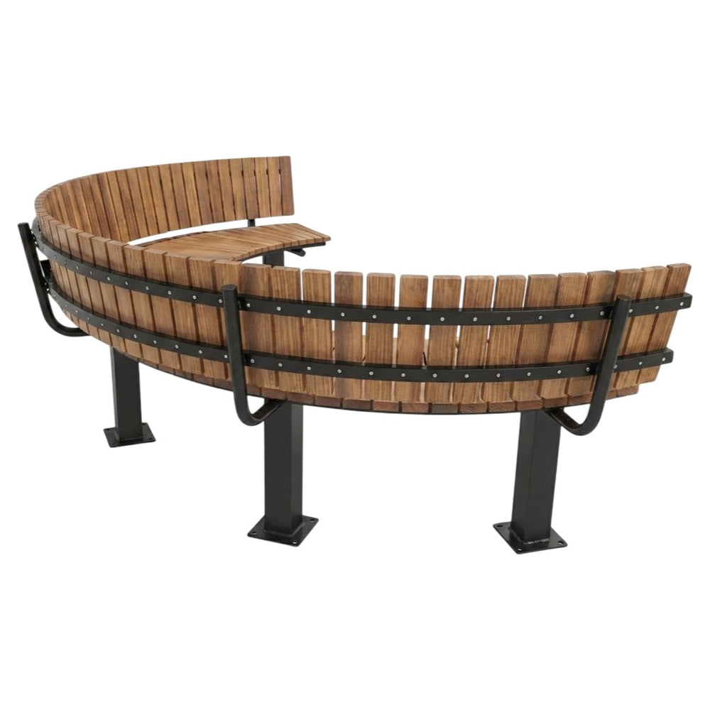 A curved outdoor bench with brown wooden slats and black metal frame and legs, shown on a plain white background.