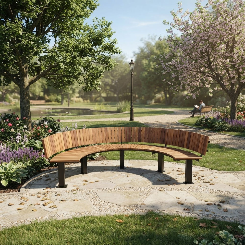 A curved wooden park bench with dark metal legs situated on a stone pathway in a lush, green park with blooming trees and a distant person sitting on a bench.