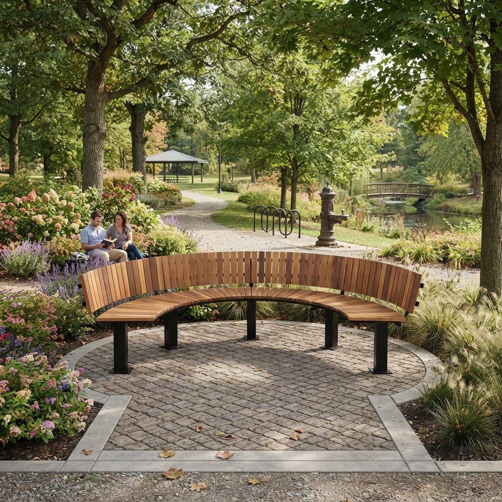 A curved wooden park bench with black metal legs sits on a paved circular walkway in a lush garden. In the background, a couple sits on a bench near flowers, with trees, a path, and a pond visible.