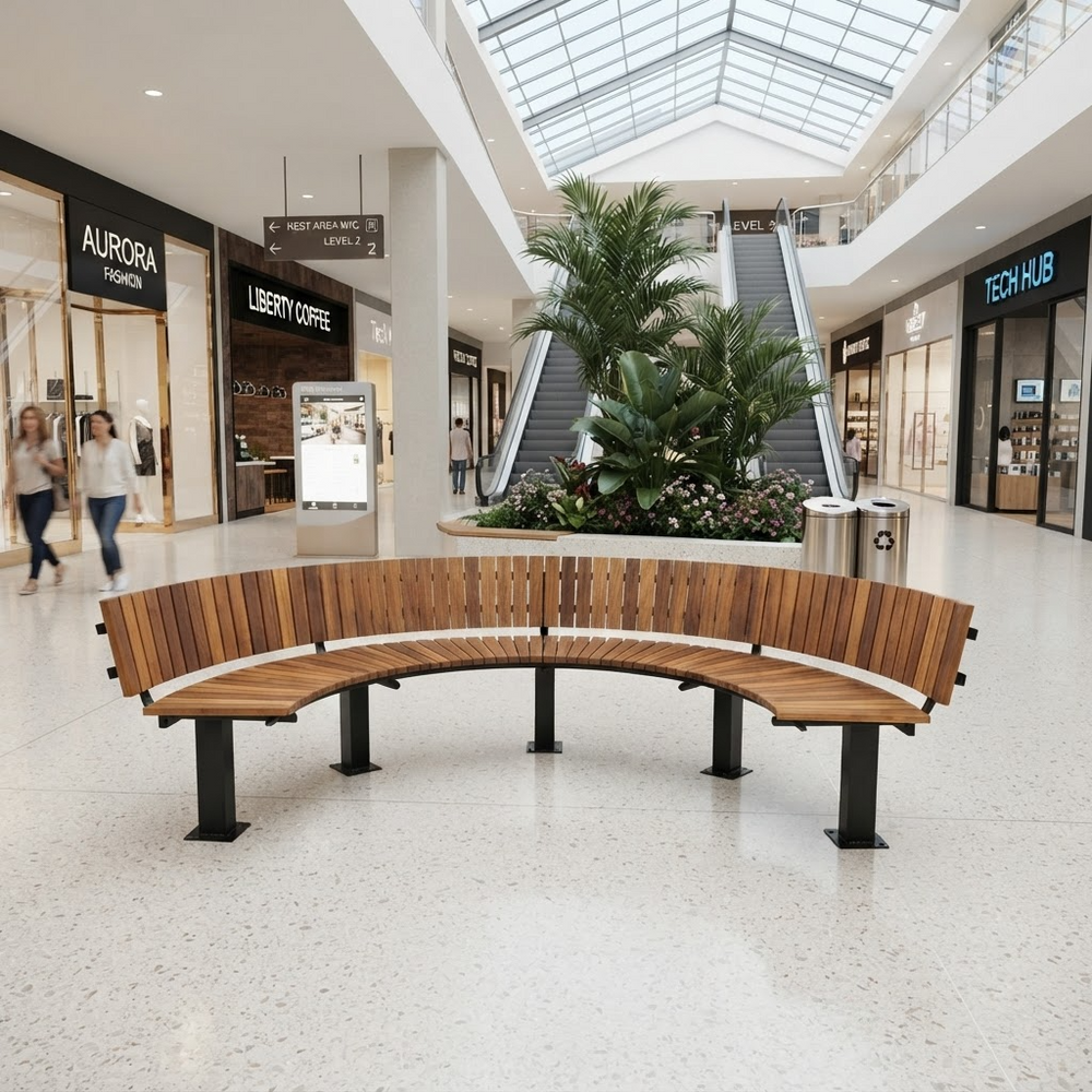 A curved wooden outdoor-style bench with black metal legs sits in a bright, modern shopping mall atrium with escalators, glass ceiling, and nearby storefronts.