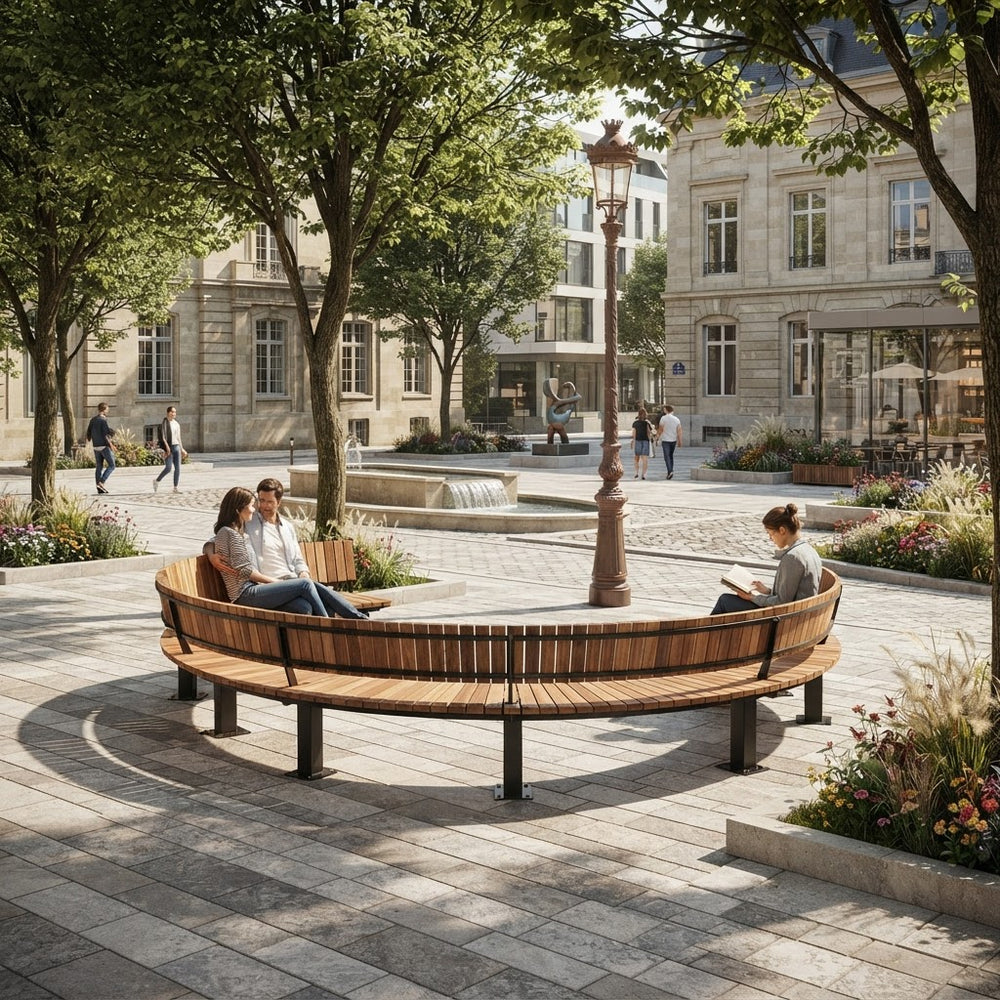 A curved wooden park bench with black metal legs in a tree-lined urban plaza, with two people sitting on it and a fountain and historic buildings in the background.