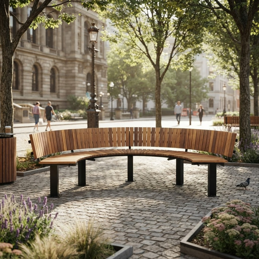 A curved wooden outdoor bench with black metal legs situated in a paved urban plaza surrounded by trees, street lamps, and distant pedestrians.