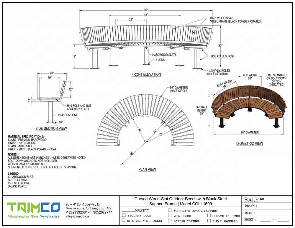 Technical architectural drawing of a curved outdoor wooden bench with front elevation, side section view, isometric view, plan view, and material specifications on a white background. Taimco branding is visible at the bottom.