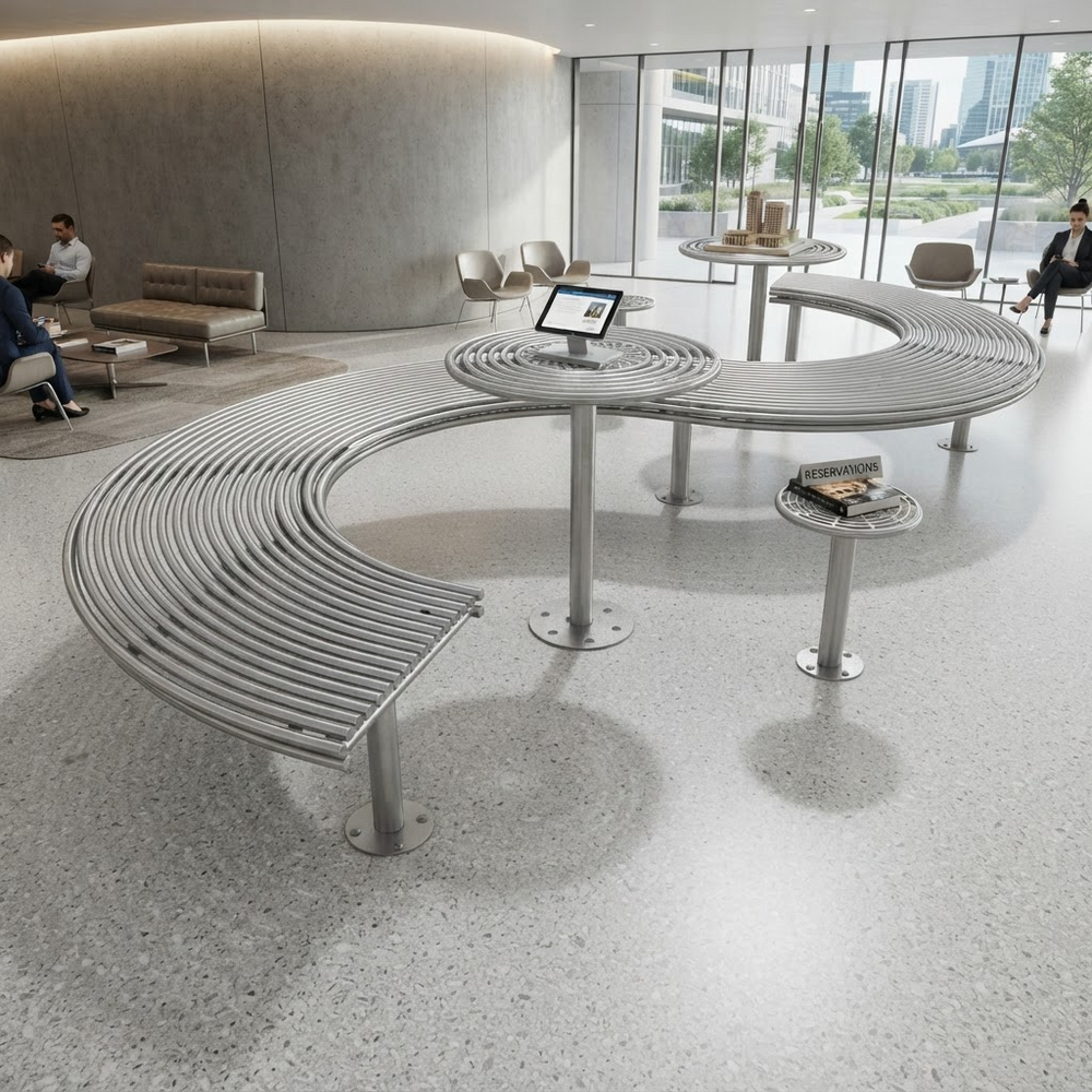 A modern curved metal lounge seating system with integrated round tables in a bright, contemporary office lobby. The furniture features a slatted silver design with circular floor mounts and central table bases, with a few people seated in the background near large windows.