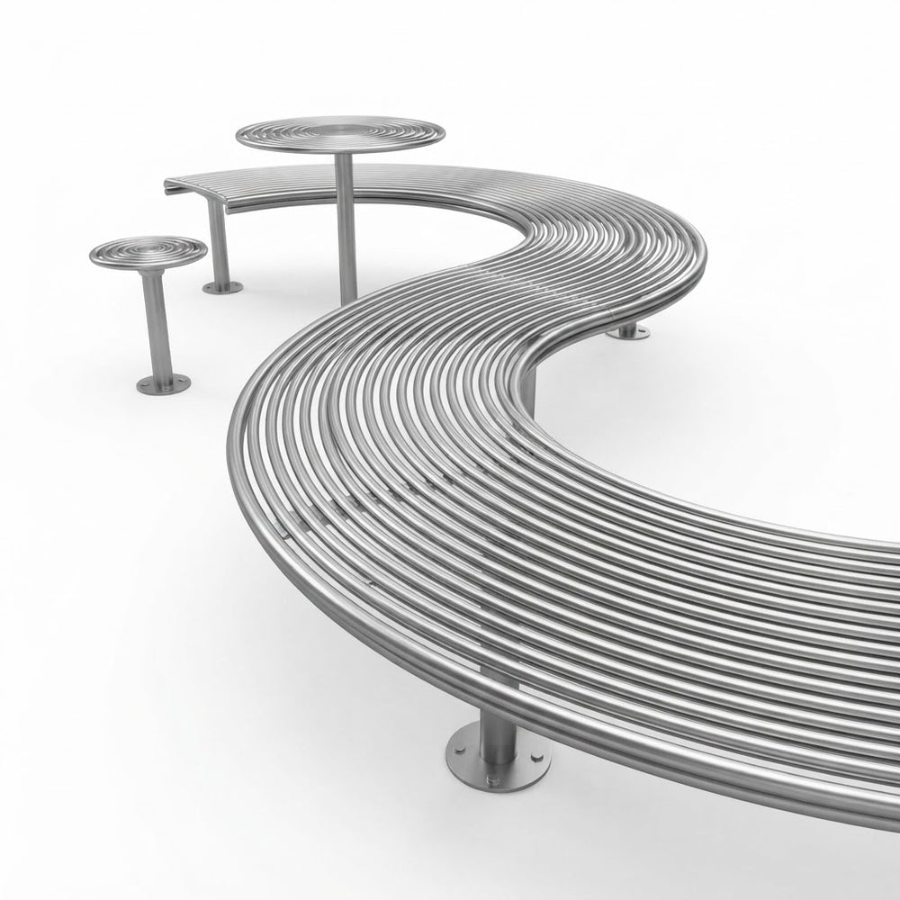 A modern curved stainless steel outdoor bench with integrated circular tables, shown on a clean white background.