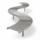 A modern curved outdoor bench with a wavy, S-shaped design made of parallel metallic tubes, shown on a clean white background.