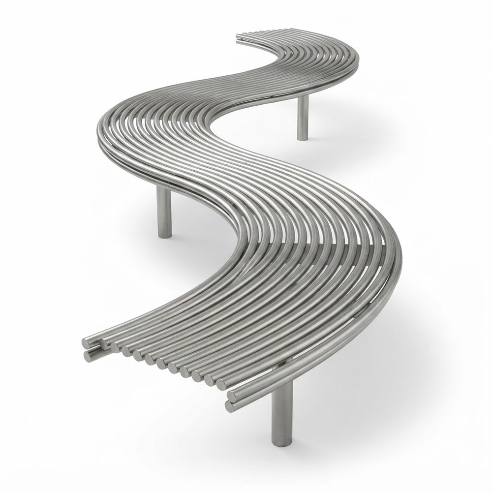 A modern curved outdoor bench with a wavy, S-shaped design made of parallel metallic tubes, shown on a clean white background.