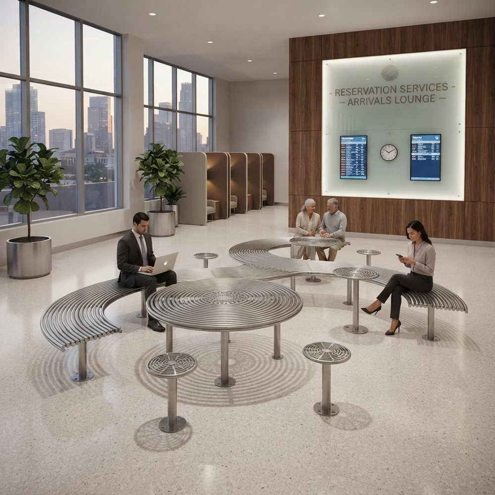 A modern arrivals lounge interior with curved metal tables and matching benches, several people seated and working or using a phone, large windows with a city skyline, and a wood-paneled wall with a illuminated sign reading 'RESERVATION SERVICES - ARRIVALS LOUNGE'.