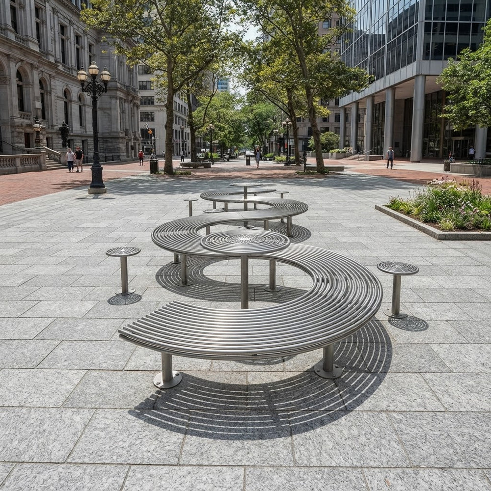 A modern curved stainless steel outdoor seating bench with matching small stools in a paved urban plaza surrounded by trees and buildings.
