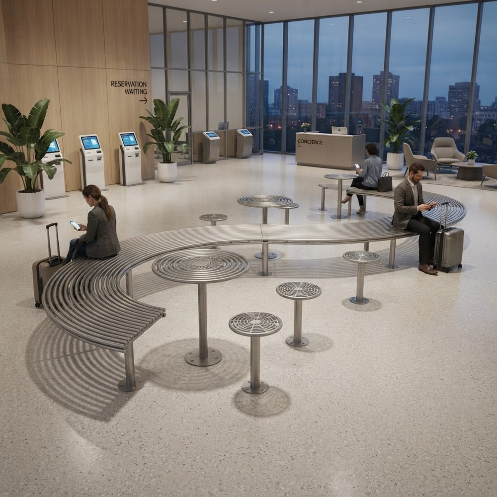 A modern curved metal waiting-area seating system with integrated tables and stools, shown in a large airport or transit lobby. Several people are seated on the benches, some with suitcases, and the space includes kiosk machines, plants, a reception desk, and large windows overlooking a city skyline at dusk.