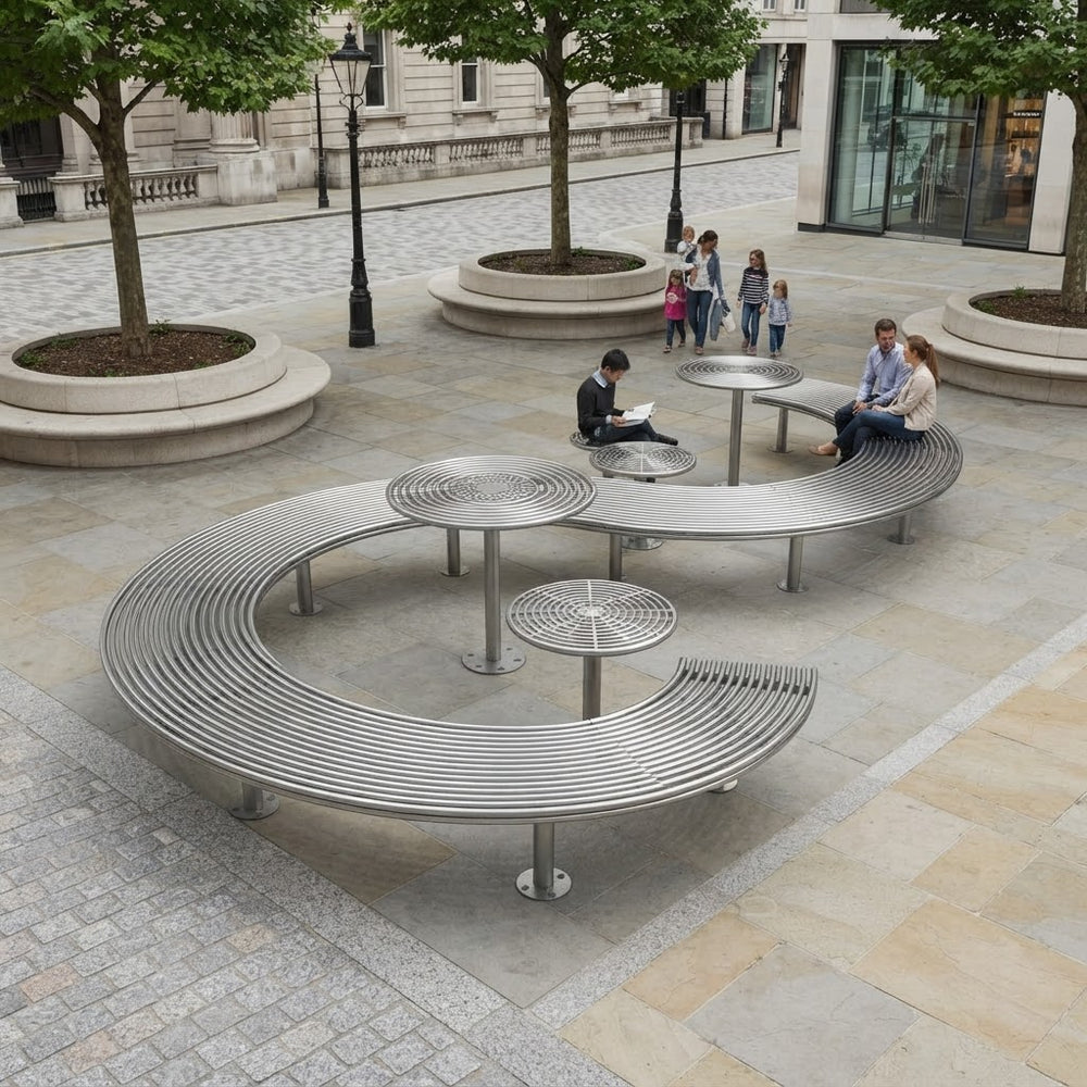 A modern curved stainless steel outdoor seating and dining system with integrated tables, shown in a public plaza with people sitting and walking nearby.