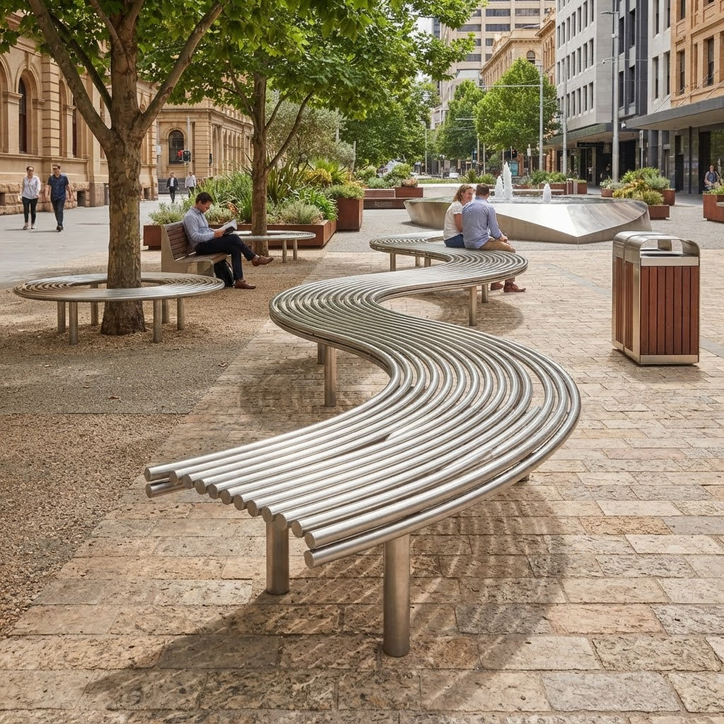 A curved stainless steel public bench with a slatted seat and back stands on a paved plaza in an urban park setting. Trees, other benches, people sitting, buildings, and a trash can are visible in the background.