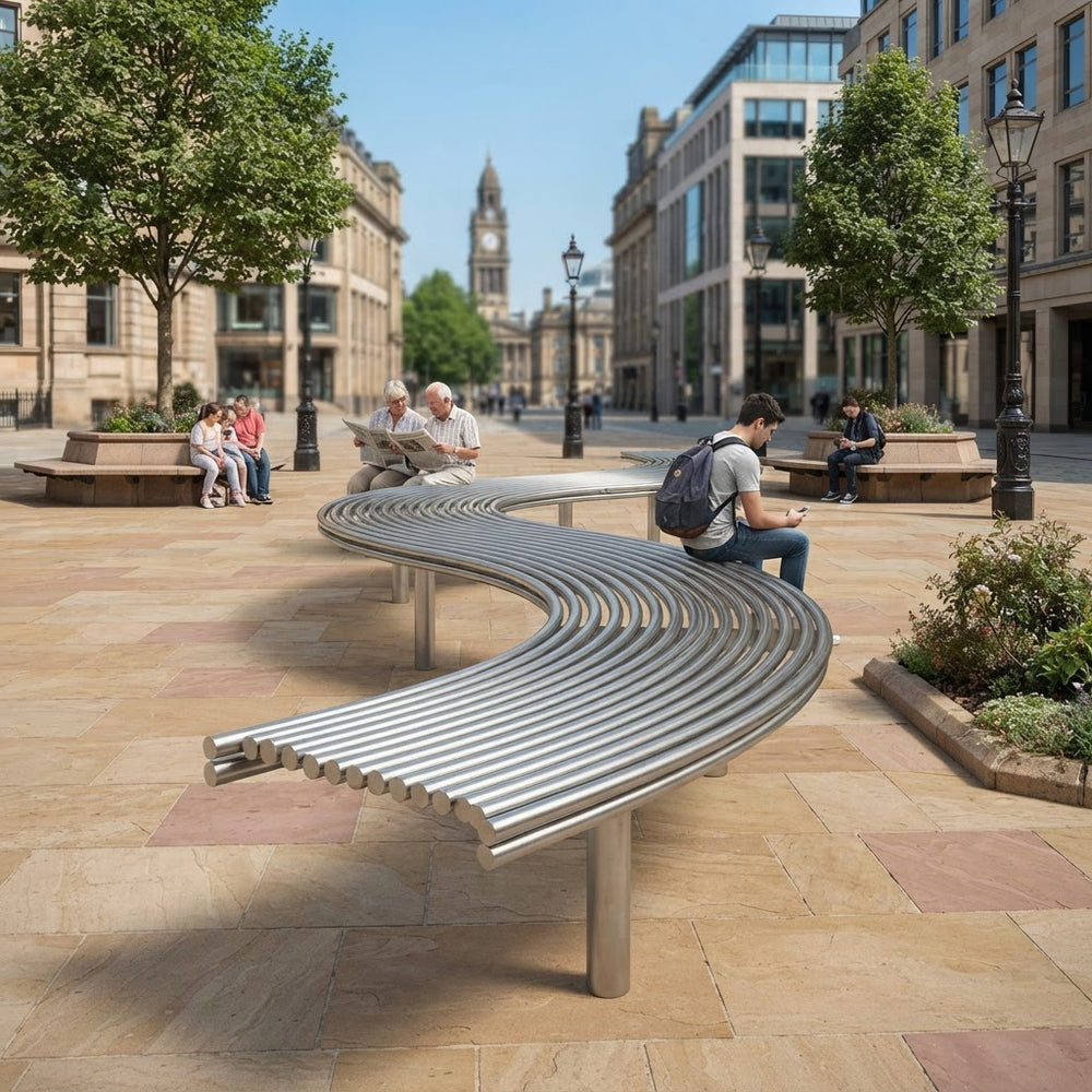 A curved stainless steel public bench with a slatted seat and back, shown in a real outdoor urban plaza with people sitting and walking nearby. The product is the bench, but the scene includes a real environment and people, so this is Lifestyle rather than Product/Packaging.