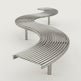 A modern curved metal bench with parallel tubular steel bars forming a wavy S-shape, supported by four cylindrical legs, shown on a light gray studio background.