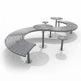 A modern curved metal outdoor seating and table set on a clean white background. The set includes a long serpentine bench with slatted curved seats, several round pedestal tables with flanged bases, and two smaller standalone stools.