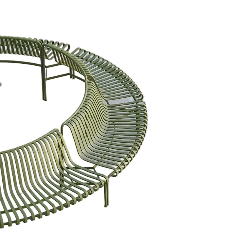 A curved outdoor seating bench with a slatted metal design in an olive green finish, shown against a plain white background.