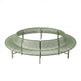 A round outdoor seating piece with a curved, multi-tiered design made of thin metal slats, shown on a plain white background.