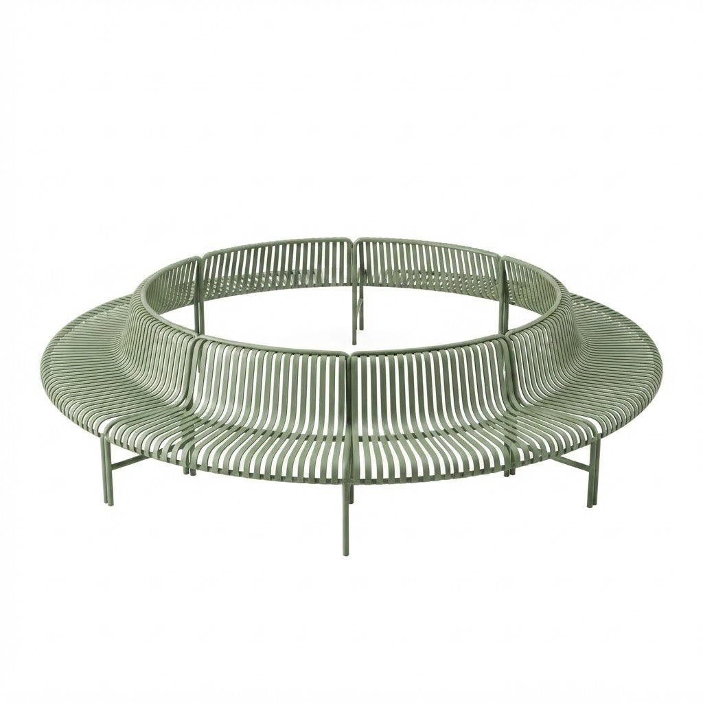 A round outdoor seating piece with a curved, multi-tiered design made of thin metal slats, shown on a plain white background.
