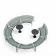 A modern outdoor seating set featuring a curved bench with green slatted metal seating, two matching black round pedestal tables, and a central black circular table, all arranged in a semi-circle on a white background.