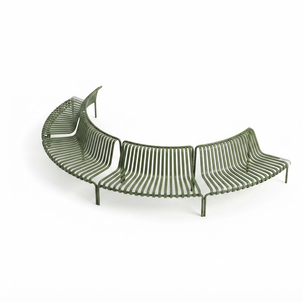 An olive green curved outdoor sofa with a modern slatted wire design, shown on a clean white background.