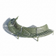 A modern curved outdoor daybed with a woven green rope sling seat and backrest, supported by a slim metal frame, shown on a plain white background.