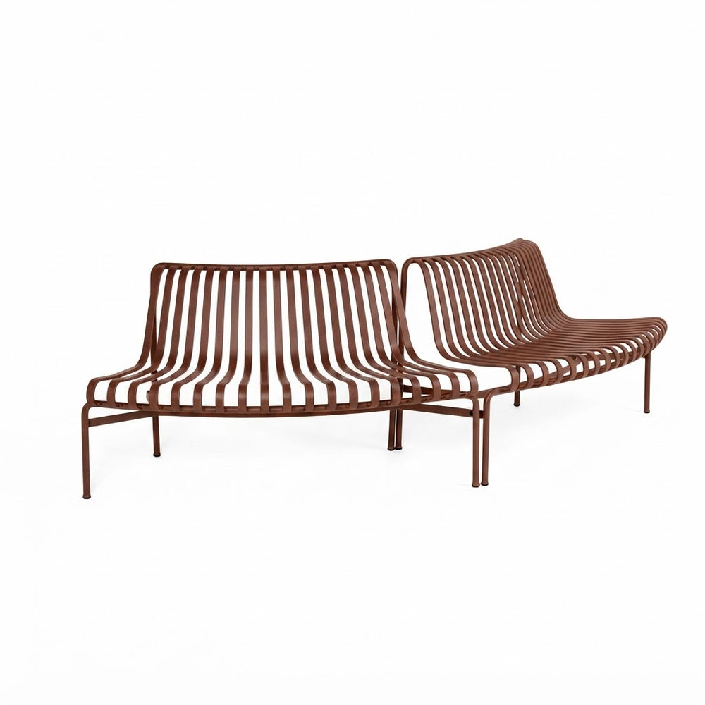A modern outdoor lounge chair with a curved design, featuring a dark brown metal frame and parallel slatted backrest and seat, shown against a plain white background.