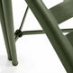 Close-up of an olive green metal chair showing the leg joint, vertical legs, and part of the seat frame against a white background.