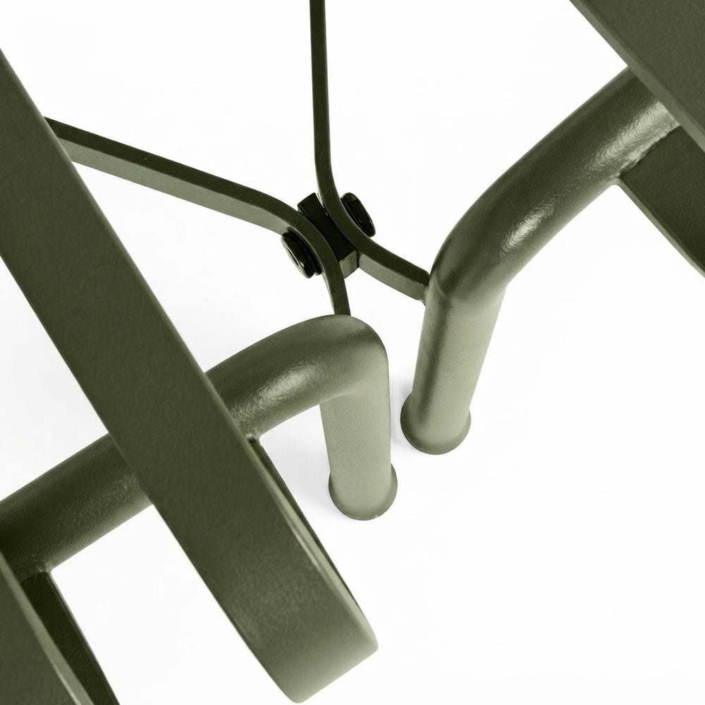 Close-up detail of an outdoor patio table frame in a matte olive green finish, showing the central joint and leg structure against a solid white background.