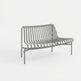 A modern gray metal slat bench with a curved backrest and seat, shown on a clean white background.