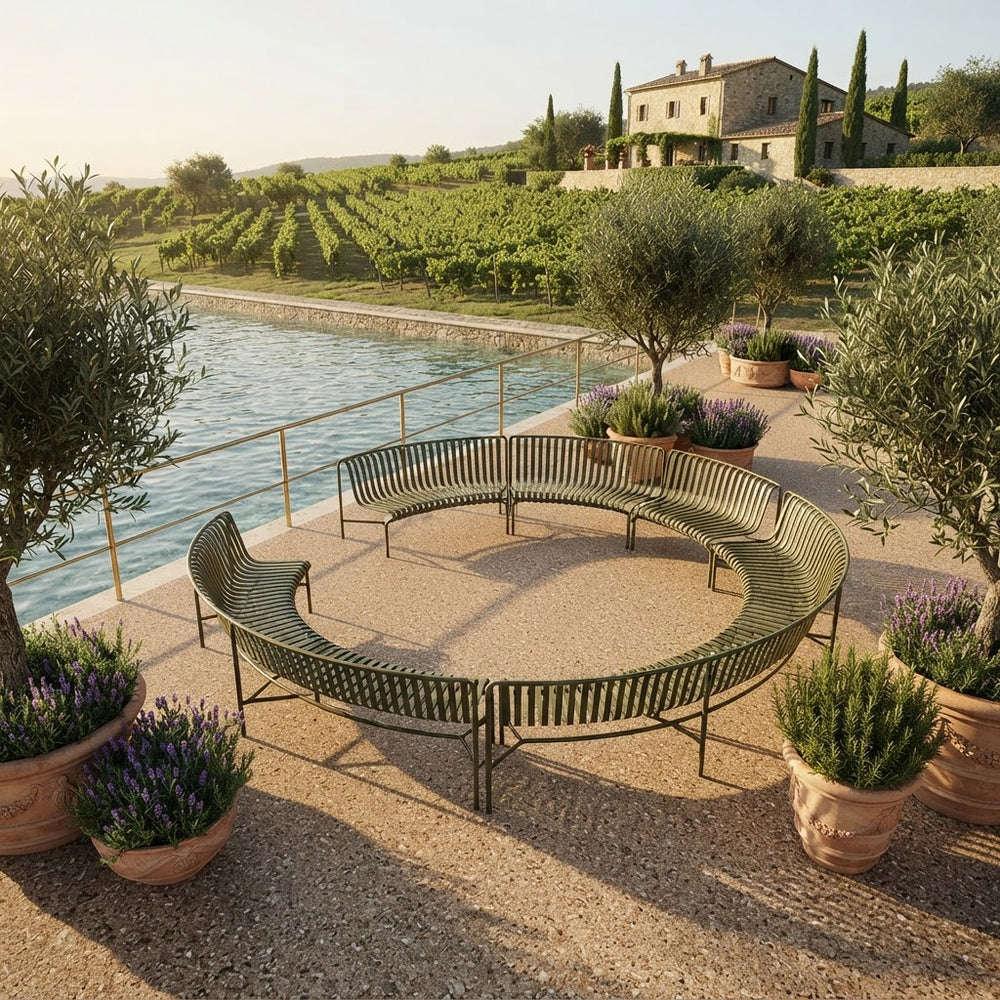 A curved outdoor metal bench set arranged in a circle on a stone patio beside a pool, with potted olive trees, lavender, vineyard rows, and a stone building in the background.