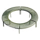 A modern circular outdoor seating piece with a slatted metal design in a muted olive green color, shown from a high angle on a plain white background.