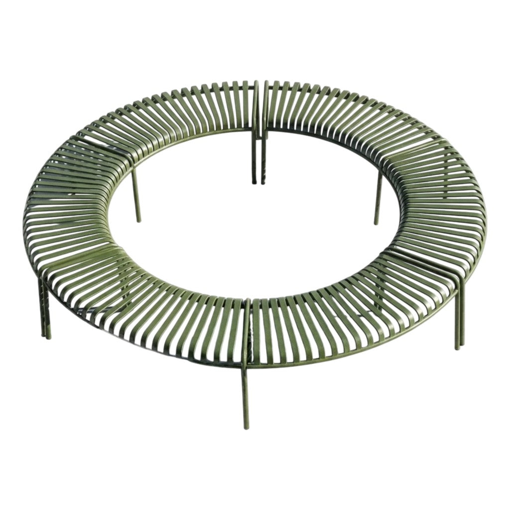 A modern circular outdoor seating piece with a slatted metal design in a muted olive green color, shown from a high angle on a plain white background.