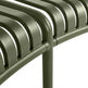 Close-up of a modern outdoor chair with a curved olive green slatted metal seat and frame, shown against a plain white background.