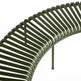 Close-up of a curved metal slat bench in an olive green finish, showing the parallel horizontal bars and support legs against a plain white background.