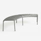 A curved gray metal bench with a slatted seat and backrest, shown on a clean white studio background.
