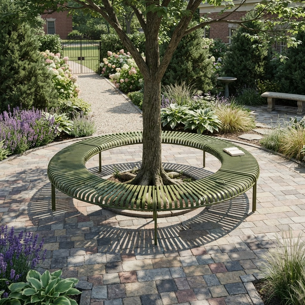 A circular outdoor bench made of green slats is arranged around the base of a tree in a landscaped garden courtyard with a stone paver floor, plants, and a walkway.