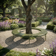 A circular outdoor bench made of green slats sits around the base of a large tree in a landscaped garden with gravel, flowers, hedges, and a stone path.