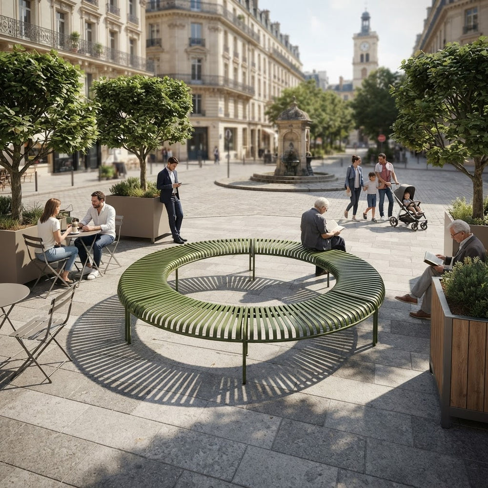 A large circular outdoor bench in olive green metal sits in a sunny urban plaza with people sitting and walking around it, surrounded by trees, buildings, and a fountain in the distance.