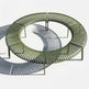 A modern circular outdoor bench with a slatted metal design in olive green, shown on a clean white background with a prominent shadow.