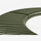 A close-up of a curved outdoor bench with dark olive green slatted seating and backrest on a white background.