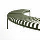 A curved outdoor metal bench with a modern slatted design in an olive green finish, shown on a clean white background.
