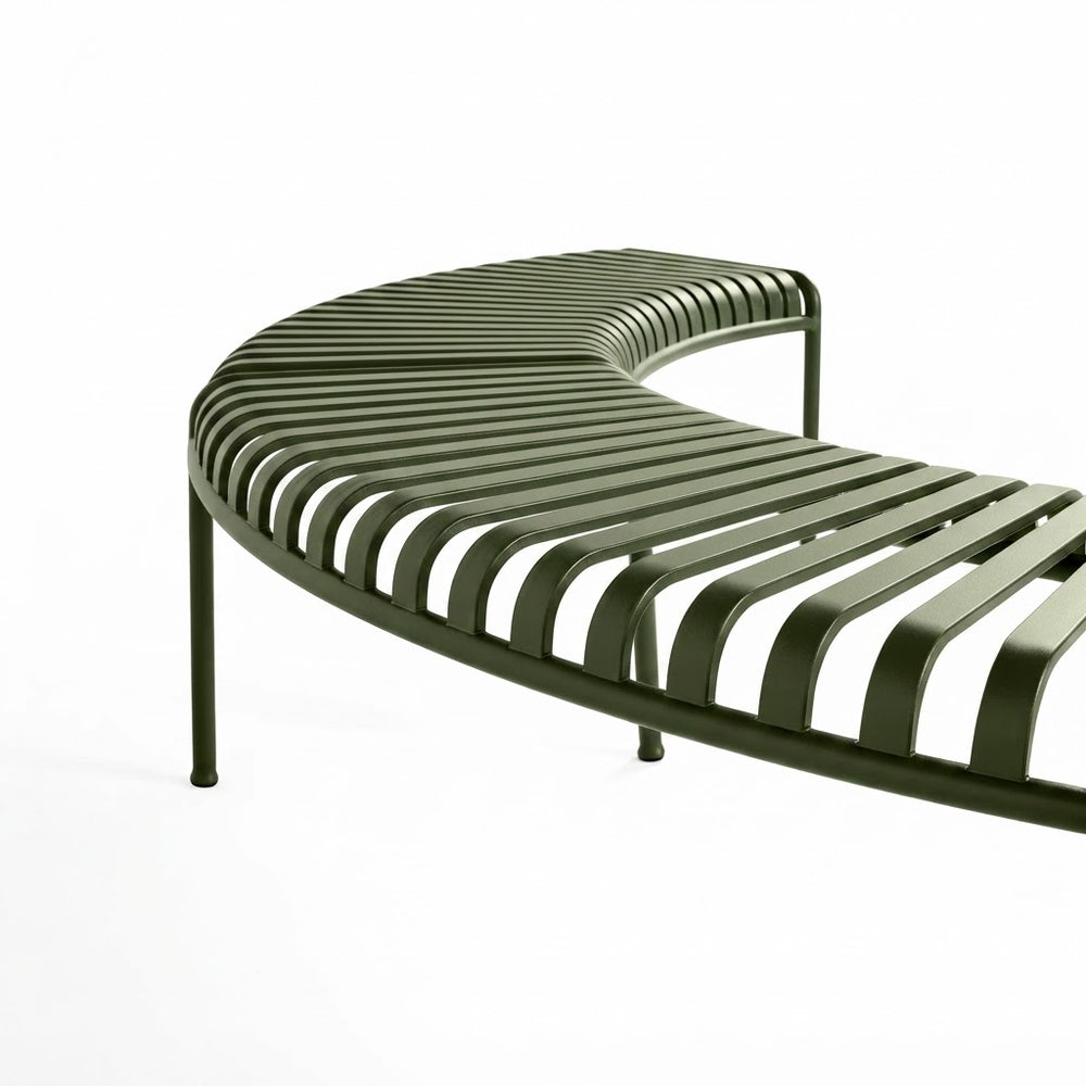 A curved outdoor metal bench with a modern slatted design in an olive green finish, shown on a clean white background.