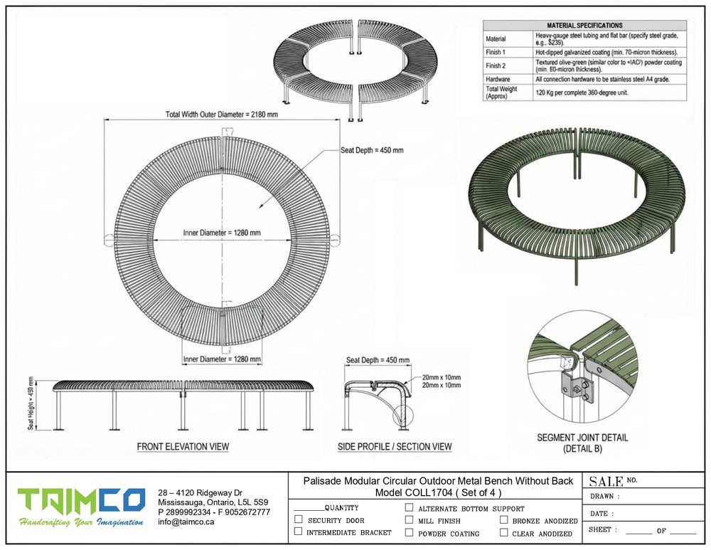 Technical drawing and specification sheet for a Taimco Palisade Modular Circular Outdoor Metal Bench without Back, showing front elevation, side profile, segment joint detail, and dimensions on a white background.