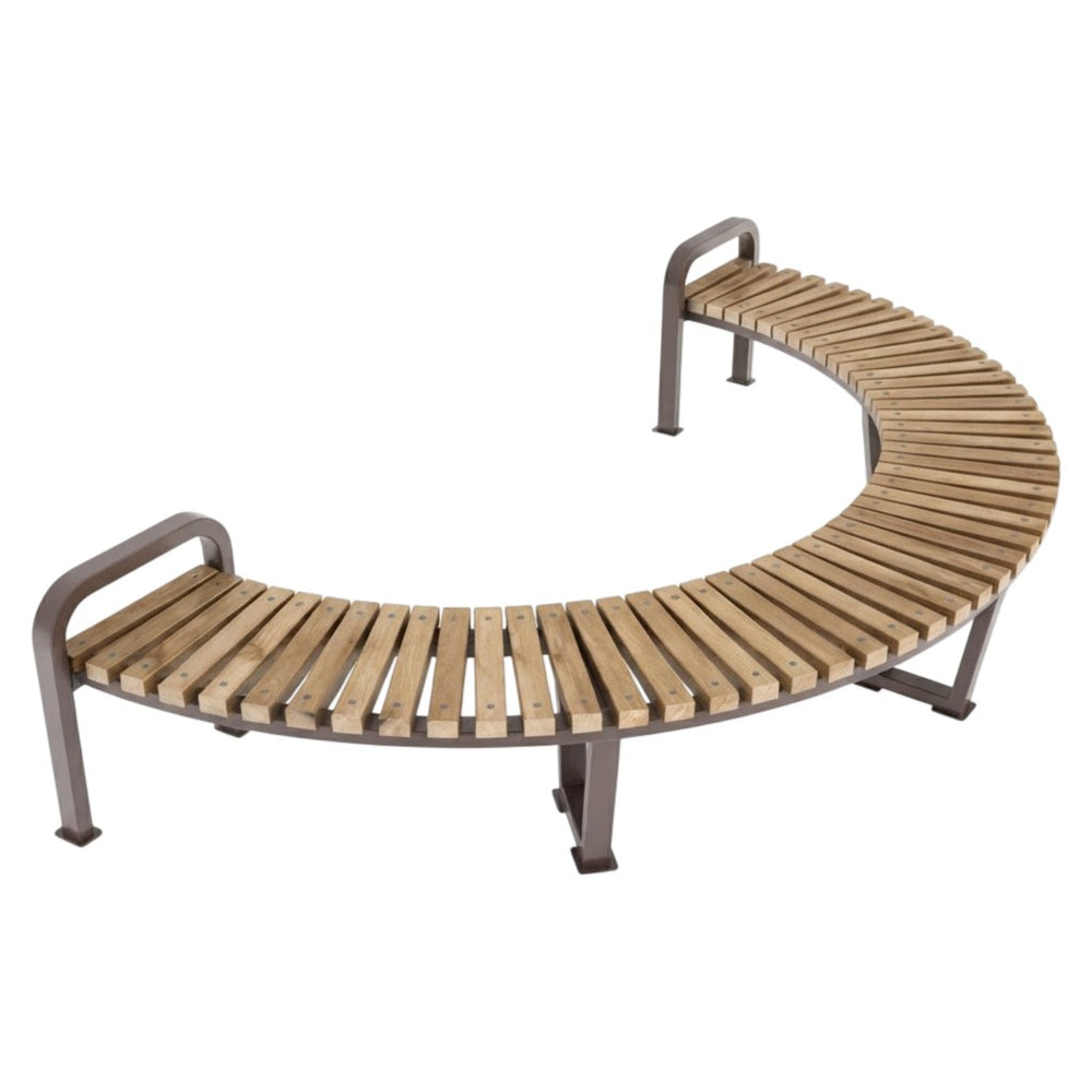 A curved outdoor bench with light natural wood slats and a dark brown metal frame, shown on a plain white background.