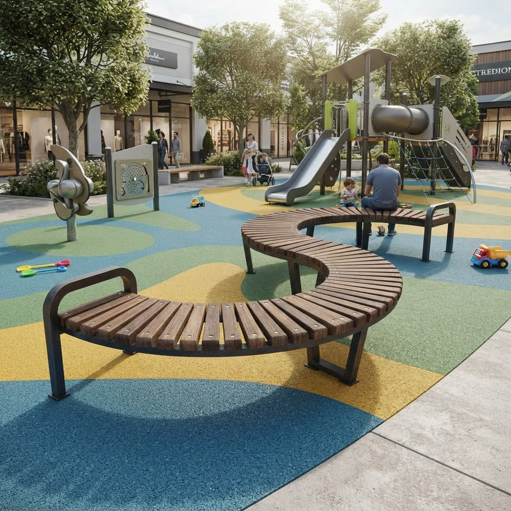 Outdoor playground scene with curved wooden benches, a slide, climbing wall, and children playing on colorful rubberized surfacing in front of retail buildings.