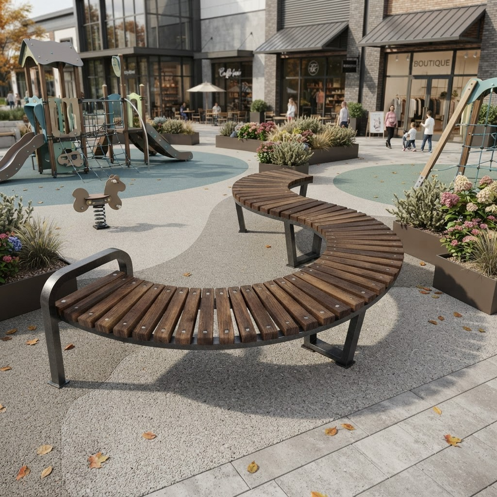 A curved outdoor wooden bench with dark metal armrests and legs, situated in a modern plaza with a children's playground, storefronts, and planters in the background.