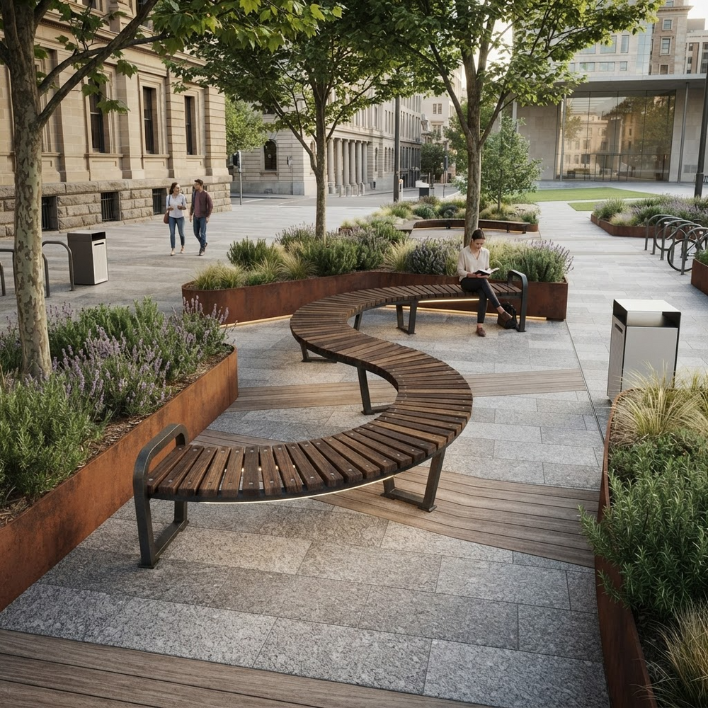 A curved wooden bench with black metal framing sits on a paved plaza in an outdoor urban setting, with trees, planters, walking paths, and a seated person using it. The scene is well-lit and professionally composed.